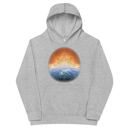 A kids athletic heather graphic hoodie featuring the Derivation II Celtic knots merger design.