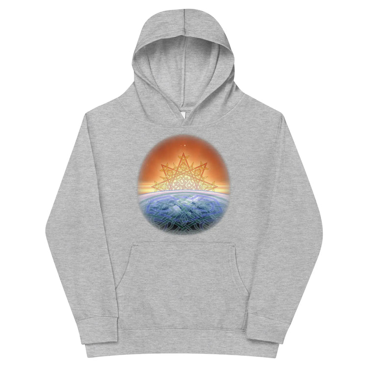 A kids athletic heather graphic hoodie featuring the Derivation II Celtic knots merger design.