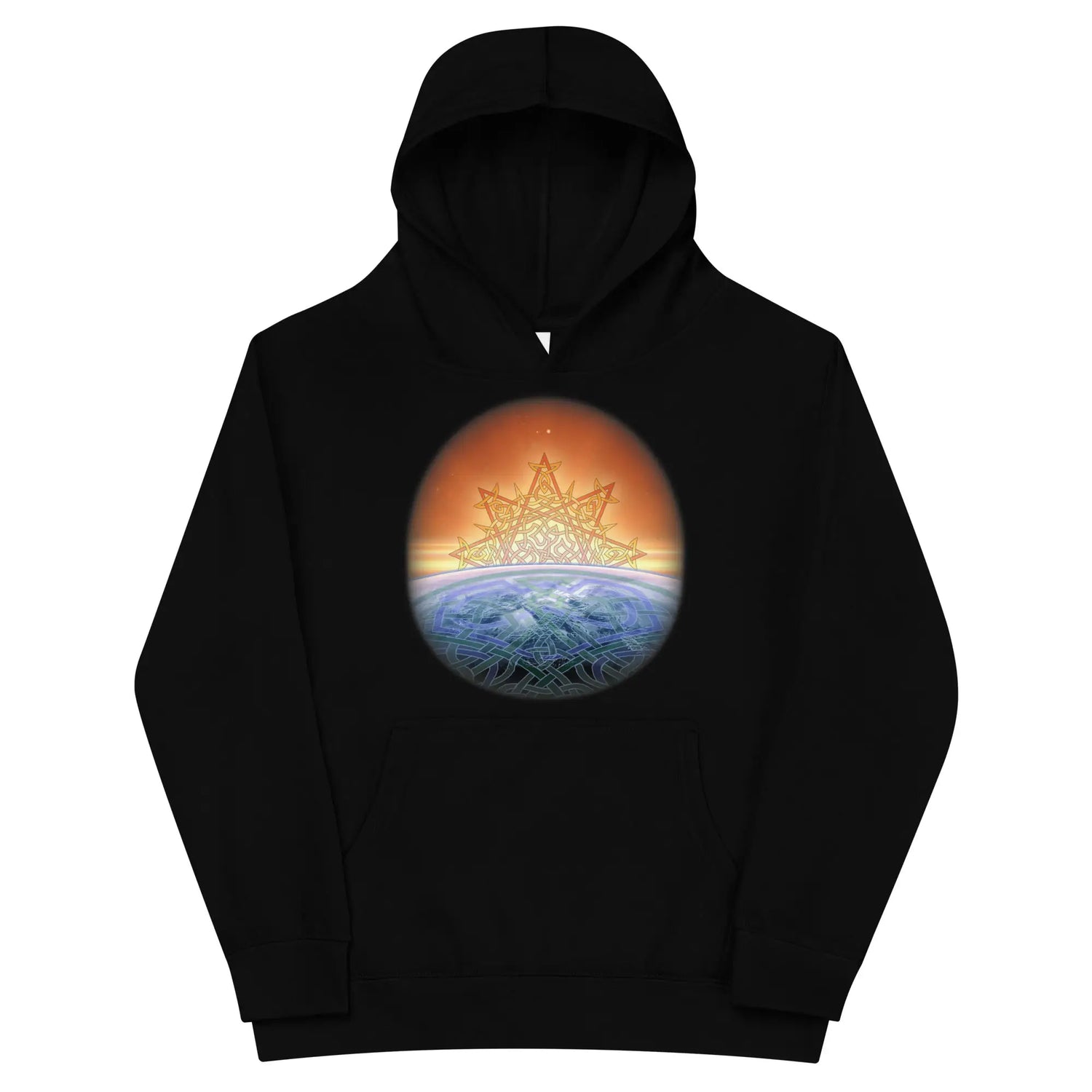A kids black graphic hoodie featuring the Derivation II Celtic knots merger design.