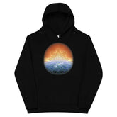 A kids black graphic hoodie featuring the Derivation II Celtic knots merger design.
