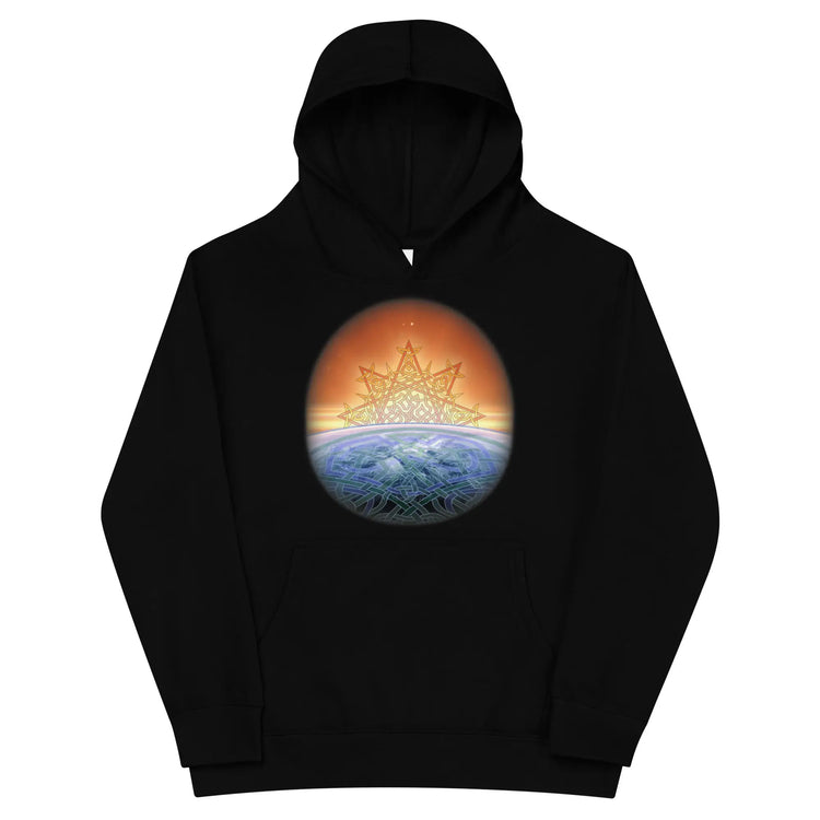 A kids black graphic hoodie featuring the Derivation II Celtic knots merger design.