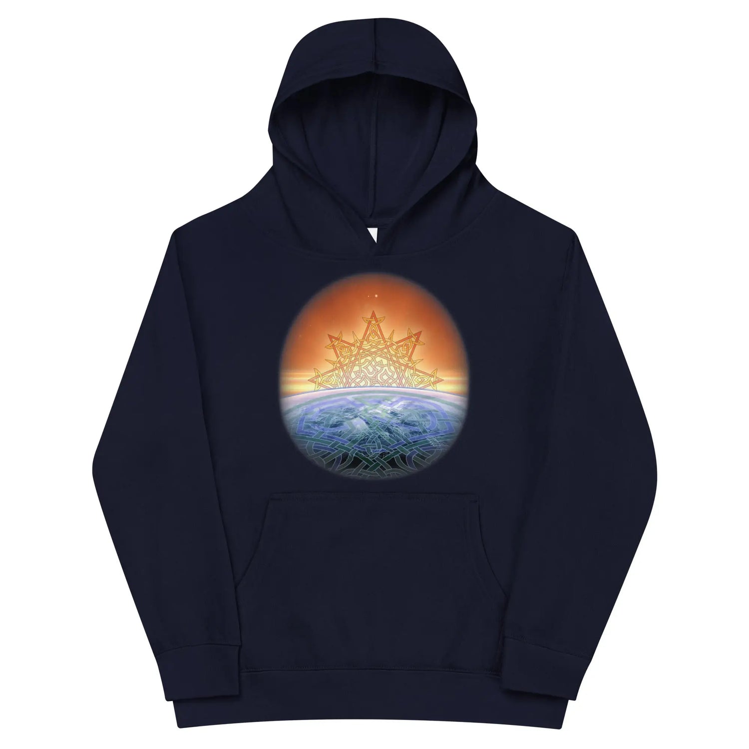 A kids navy graphic hoodie featuring the Derivation II Celtic knots merger design.