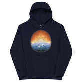 A kids navy graphic hoodie featuring the Derivation II Celtic knots merger design.