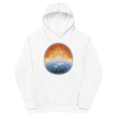 A kids white graphic hoodie featuring the Derivation II Celtic knots merger design.