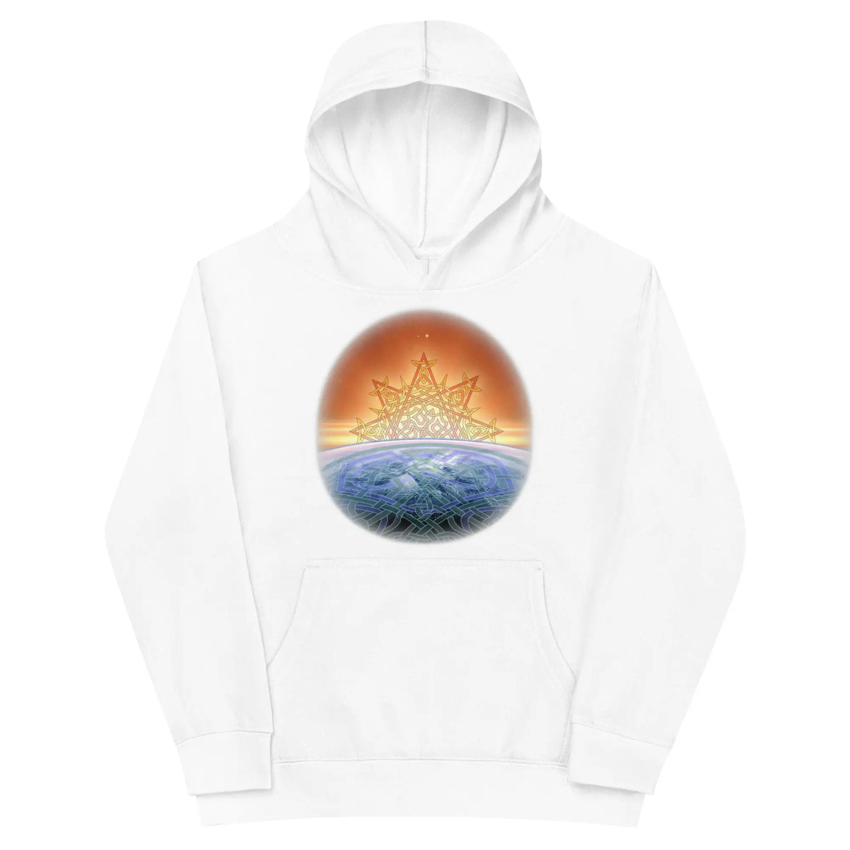 A kids white graphic hoodie featuring the Derivation II Celtic knots merger design.