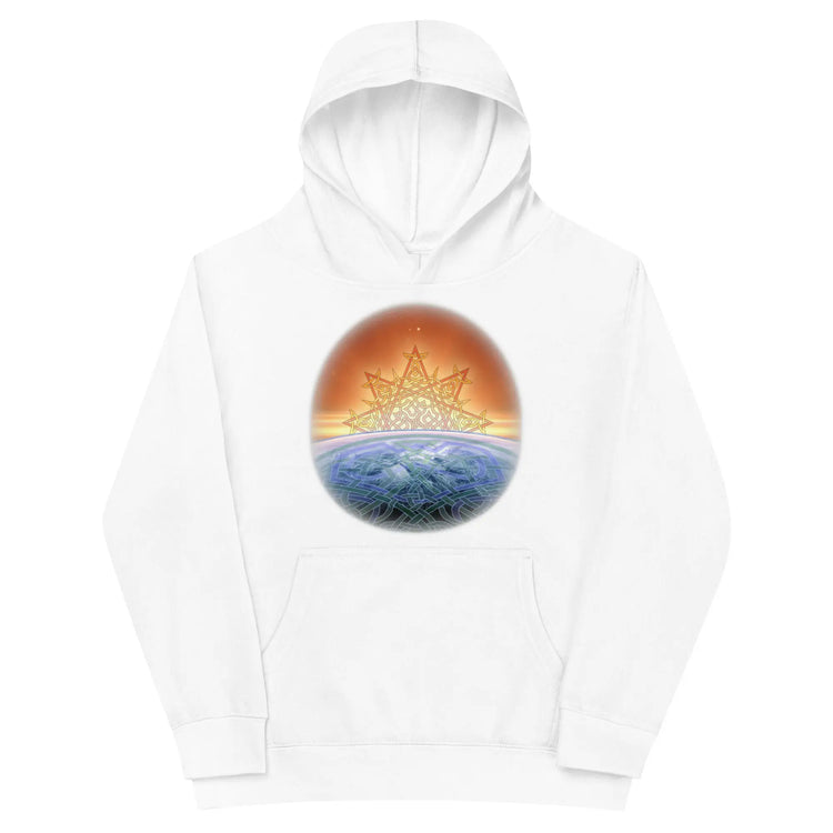A kids white graphic hoodie featuring the Derivation II Celtic knots merger design.