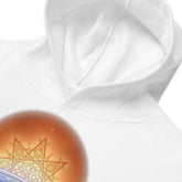 A zoomed-in view of a kids white graphic hoodie featuring the Derivation II Celtic knots merger design.
