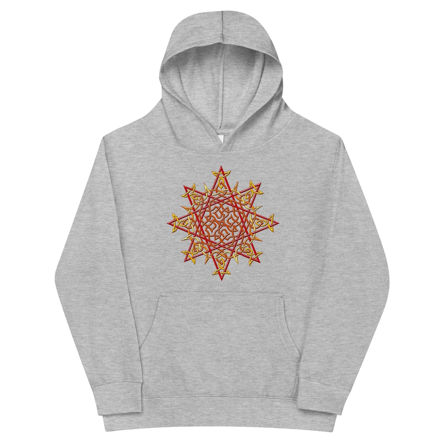 A kids athletic heather graphic hoodie featuring the Fire Colour iteration of the Morning Star Fire Celtic knot design.
