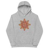 A kids athletic heather graphic hoodie featuring the Fire Colour iteration of the Morning Star Fire Celtic knot design.