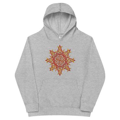 A kids athletic heather graphic hoodie featuring the Fire Colour iteration of the Morning Star Fire Celtic knot design.