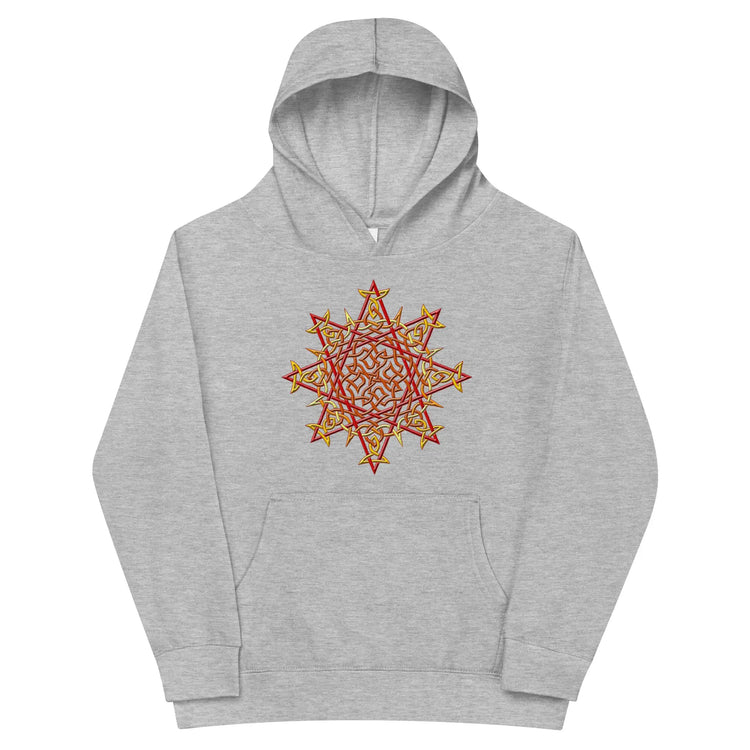 A kids athletic heather graphic hoodie featuring the Fire Colour iteration of the Morning Star Fire Celtic knot design.