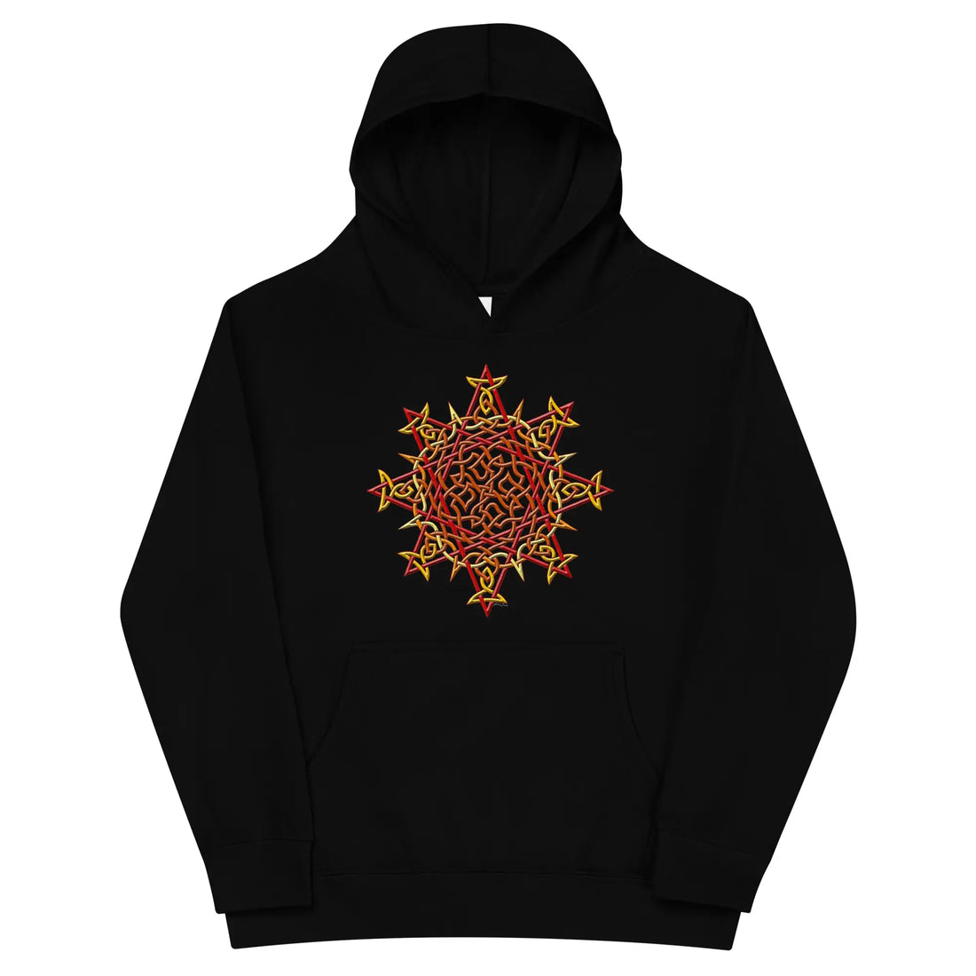 A kids black graphic hoodie featuring the Fire Colour iteration of the Morning Star Fire Celtic knot design.