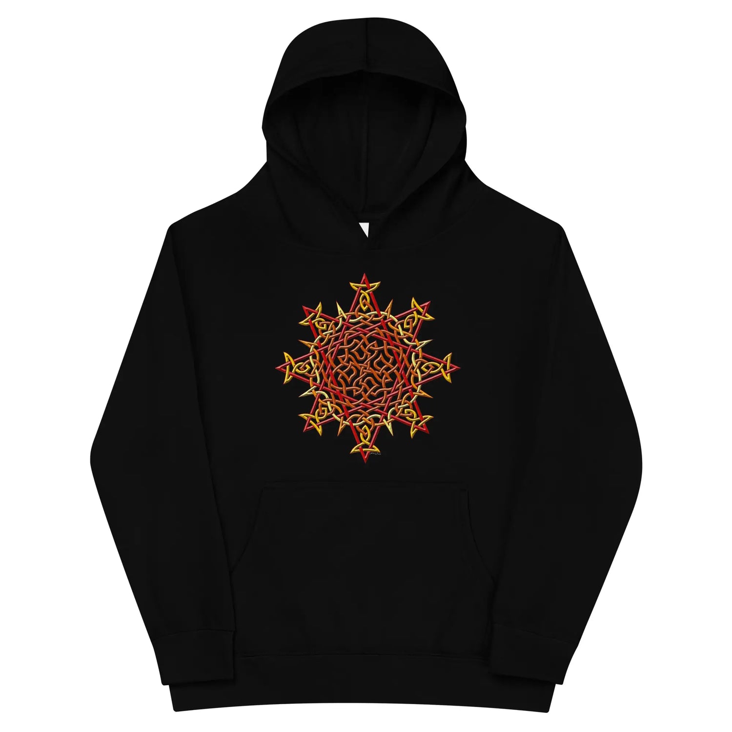 A kids black graphic hoodie featuring the Fire Colour iteration of the Morning Star Fire Celtic knot design.