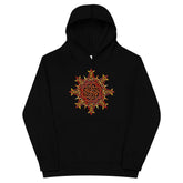 A kids black graphic hoodie featuring the Fire Colour iteration of the Morning Star Fire Celtic knot design.