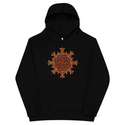 A kids black graphic hoodie featuring the Fire Colour iteration of the Morning Star Fire Celtic knot design.