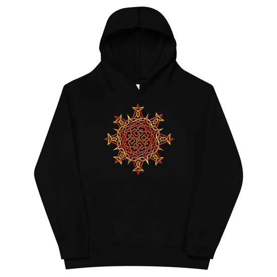 A kids black graphic hoodie featuring the Fire Colour iteration of the Morning Star Fire Celtic knot design.