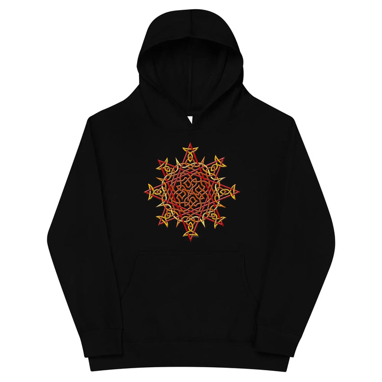 A kids black graphic hoodie featuring the Fire Colour iteration of the Morning Star Fire Celtic knot design.