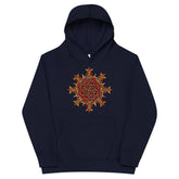 A kids navy blazer graphic hoodie featuring the Fire Colour iteration of the Morning Star Fire Celtic knot design.