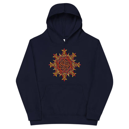 A kids navy blazer graphic hoodie featuring the Fire Colour iteration of the Morning Star Fire Celtic knot design.