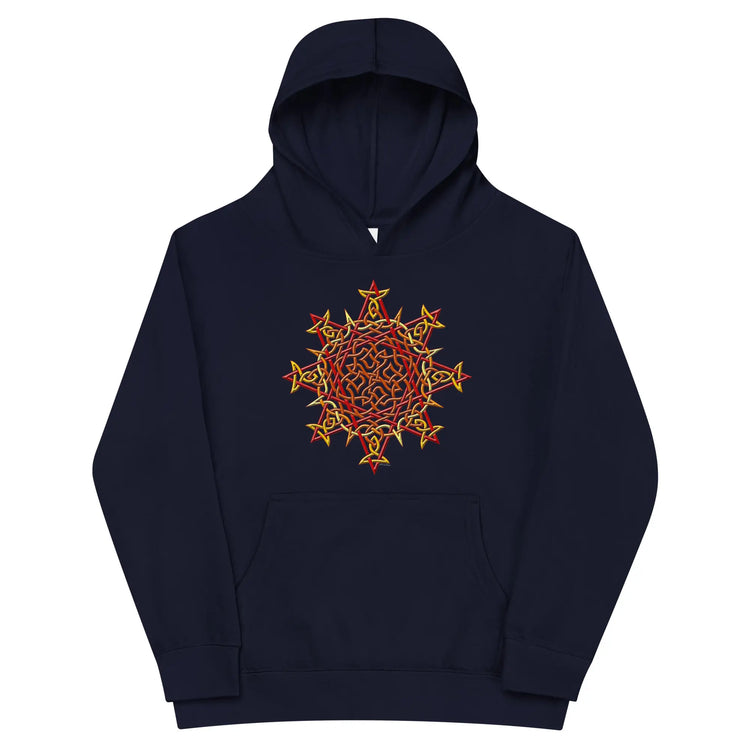 A kids navy blazer graphic hoodie featuring the Fire Colour iteration of the Morning Star Fire Celtic knot design.