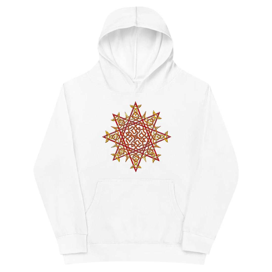 A kids white graphic hoodie featuring the Fire Colour iteration of the Morning Star Fire Celtic knot design.