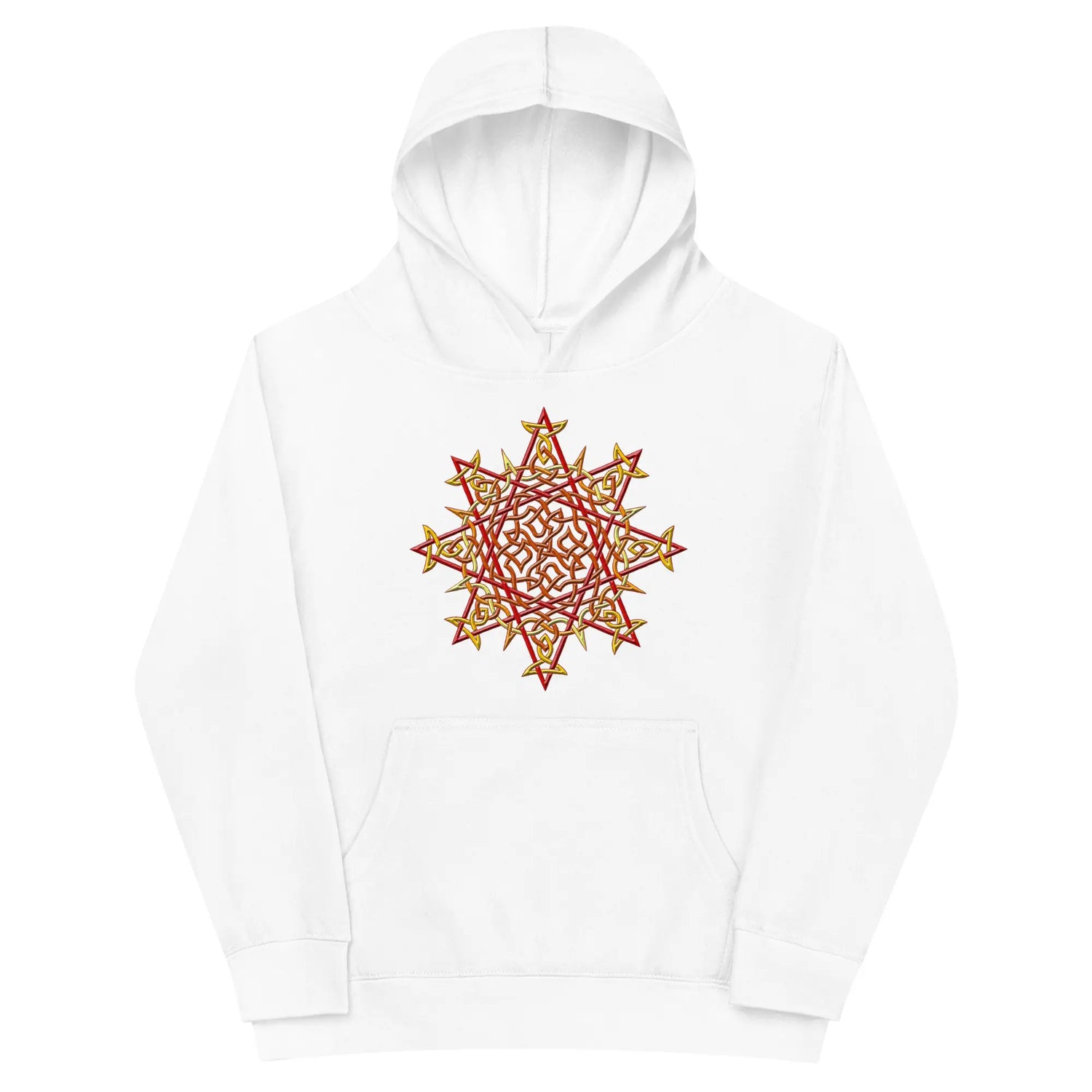 A kids white graphic hoodie featuring the Fire Colour iteration of the Morning Star Fire Celtic knot design.