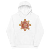 A kids white graphic hoodie featuring the Fire Colour iteration of the Morning Star Fire Celtic knot design.