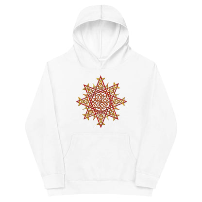 A kids white graphic hoodie featuring the Fire Colour iteration of the Morning Star Fire Celtic knot design.