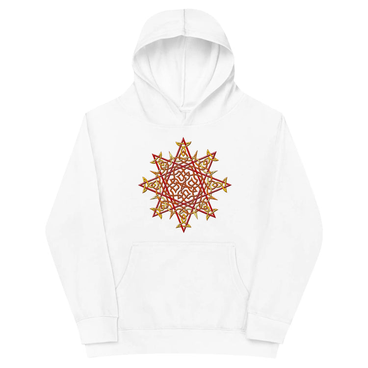 A kids white graphic hoodie featuring the Fire Colour iteration of the Morning Star Fire Celtic knot design.