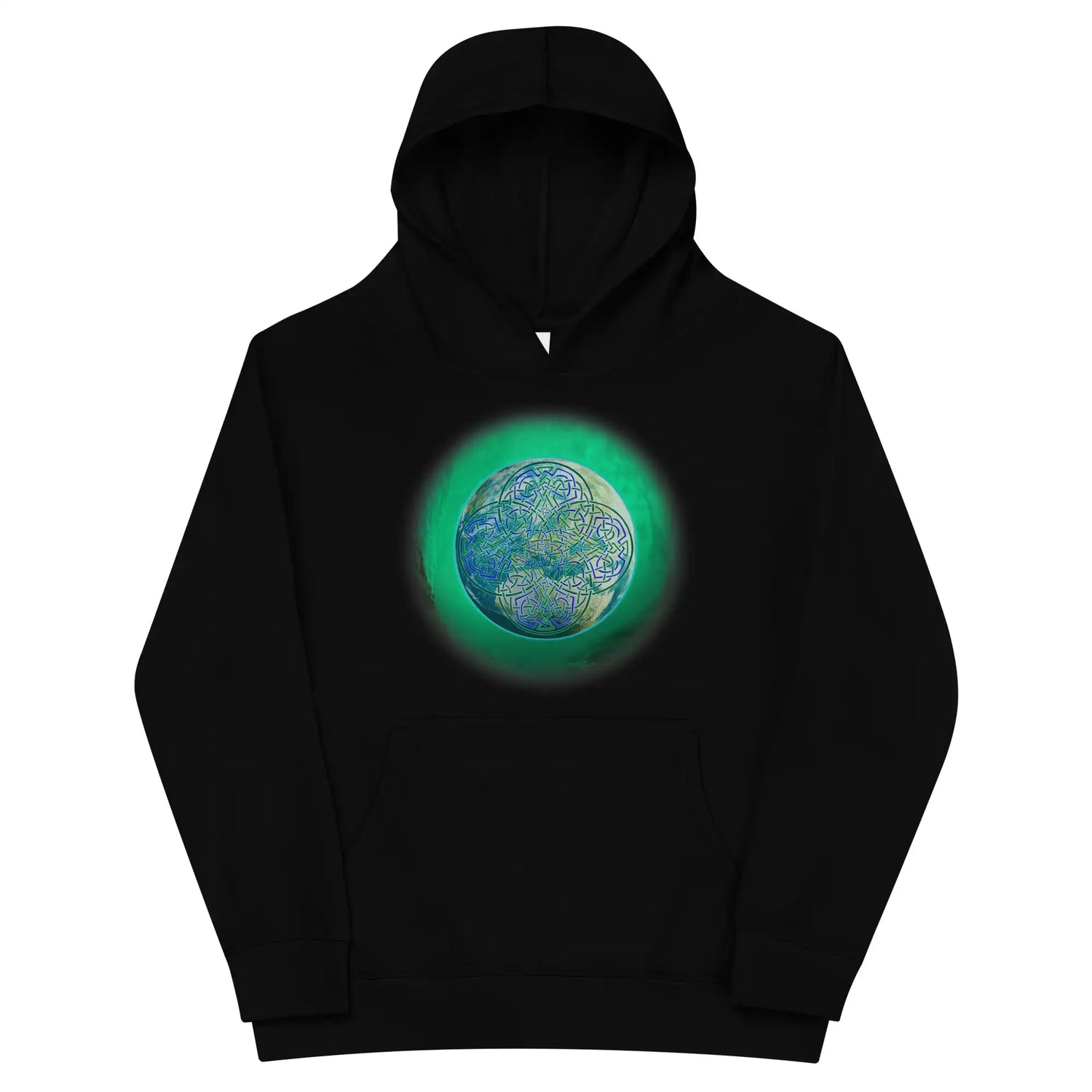 A kids black graphic hoodie featuring the Deep Forest iteration of the Reach Of The Spirit Celtic knot design.