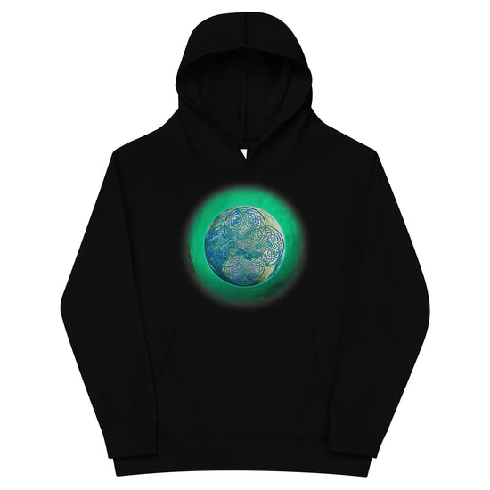 A kids black graphic hoodie featuring the Deep Forest iteration of the Reach Of The Spirit Celtic knot design.