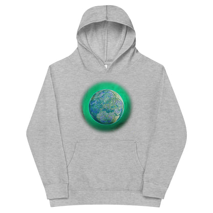 A kids athletic heather graphic hoodie featuring the Deep Forest iteration of the Reach Of The Spirit Celtic knot design.
