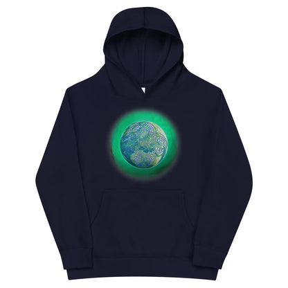 A kids navy blue graphic hoodie featuring the Deep Forest iteration of the Reach Of The Spirit Celtic knot design.