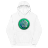 A kids white graphic hoodie featuring the Deep Forest iteration of the Reach Of The Spirit Celtic knot design.