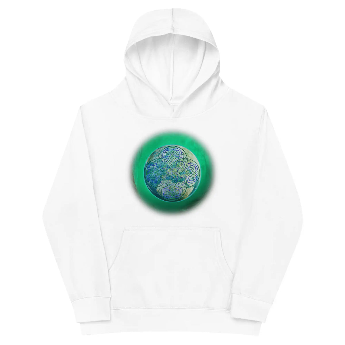 A kids white graphic hoodie featuring the Deep Forest iteration of the Reach Of The Spirit Celtic knot design.
