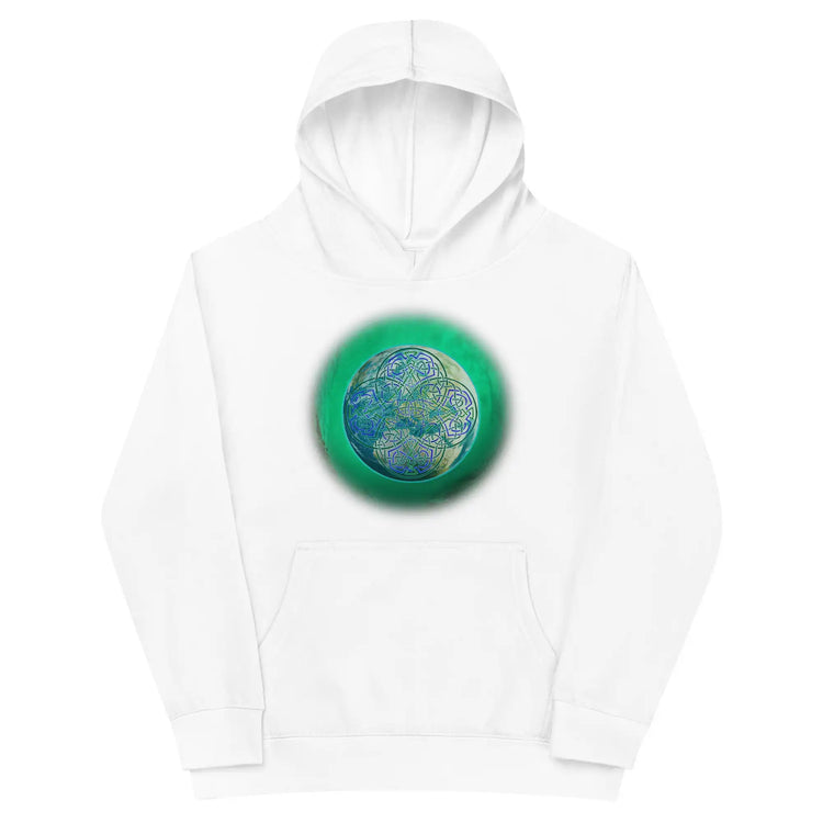 A kids white graphic hoodie featuring the Deep Forest iteration of the Reach Of The Spirit Celtic knot design.