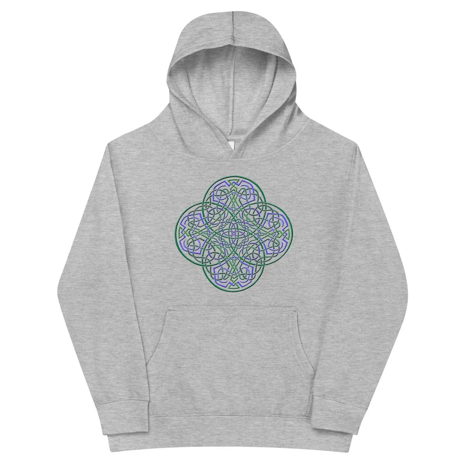 A kids athletic heather graphic hoodie featuring the Living Colour iteration of the Reach Of The Spirit Celtic knot design.