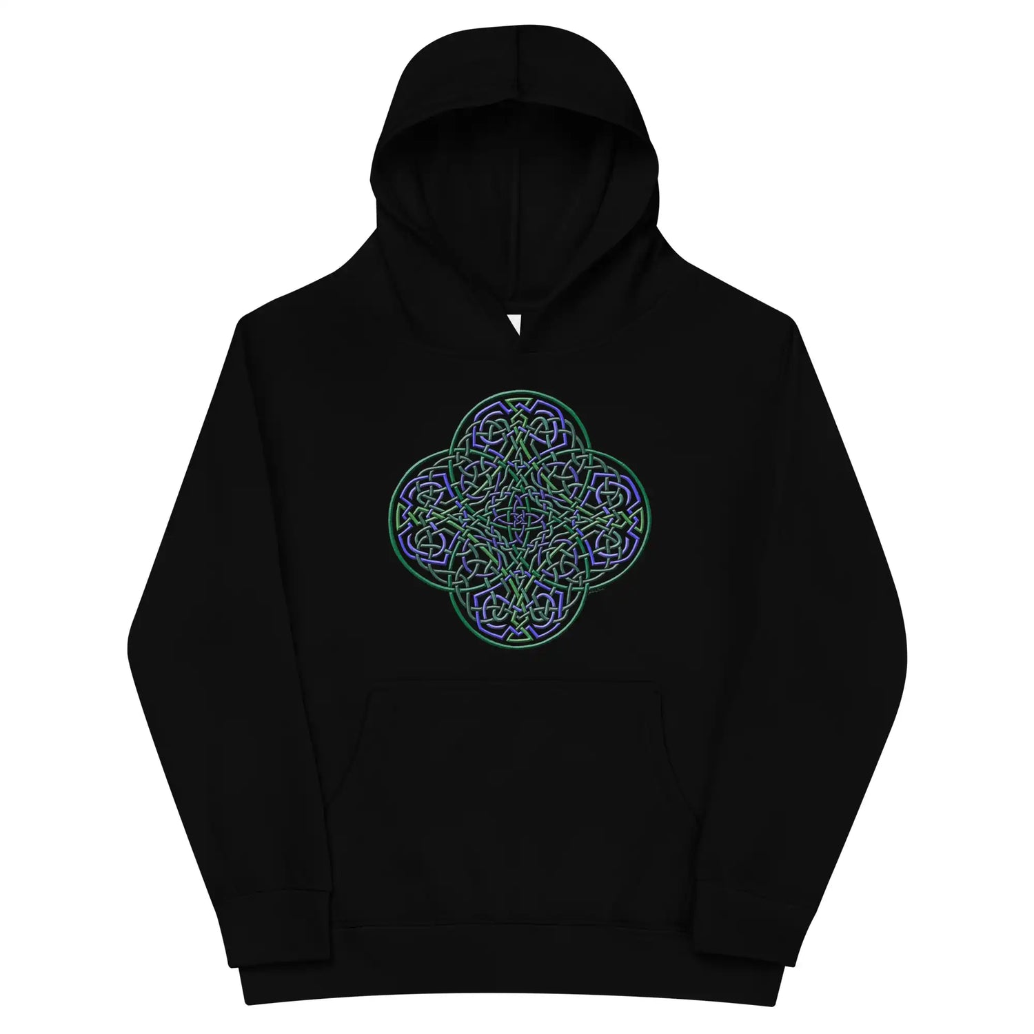 A kids black graphic hoodie featuring the Living Colour iteration of the Reach Of The Spirit Celtic knot design.