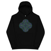 A kids black graphic hoodie featuring the Living Colour iteration of the Reach Of The Spirit Celtic knot design.