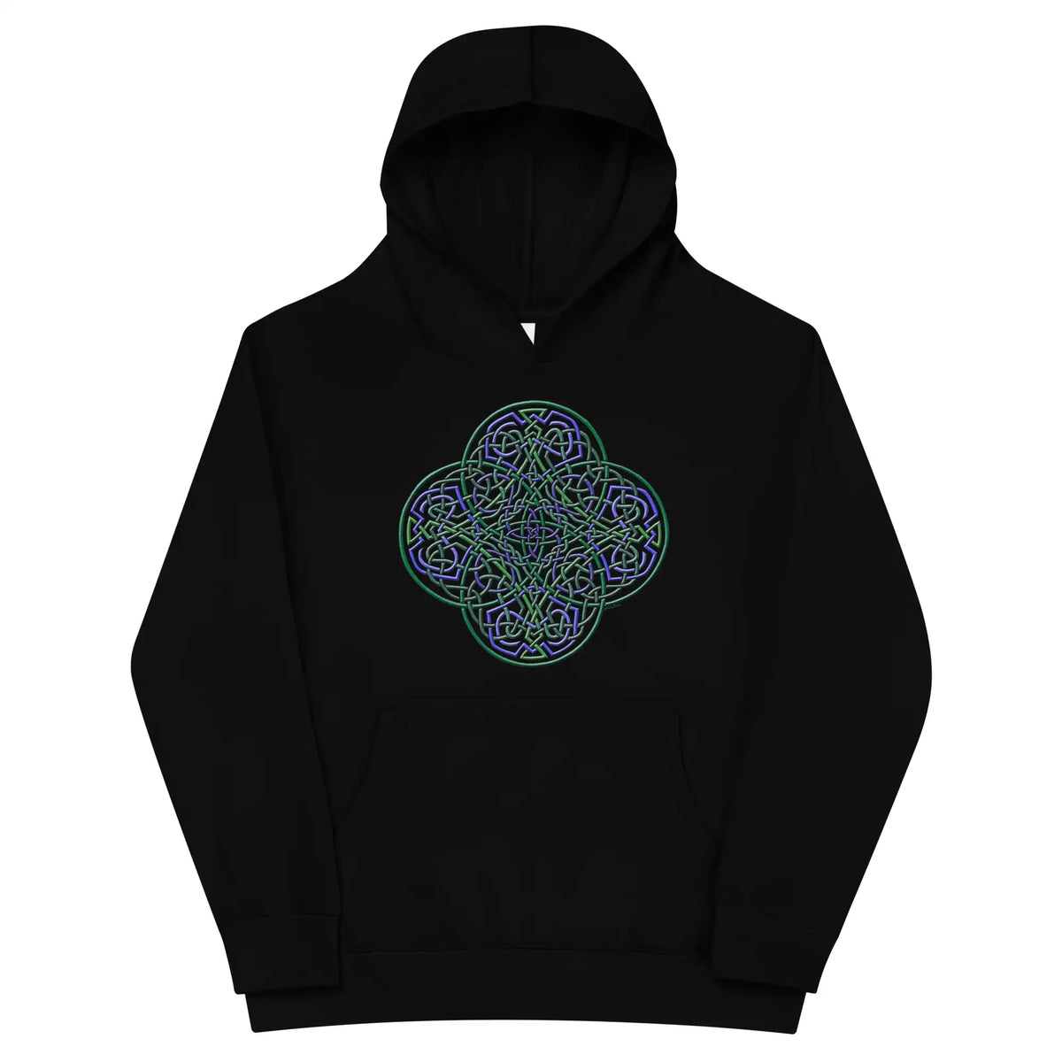 A kids black graphic hoodie featuring the Living Colour iteration of the Reach Of The Spirit Celtic knot design.