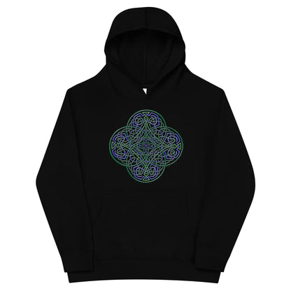 A kids black graphic hoodie featuring the Living Colour iteration of the Reach Of The Spirit Celtic knot design.