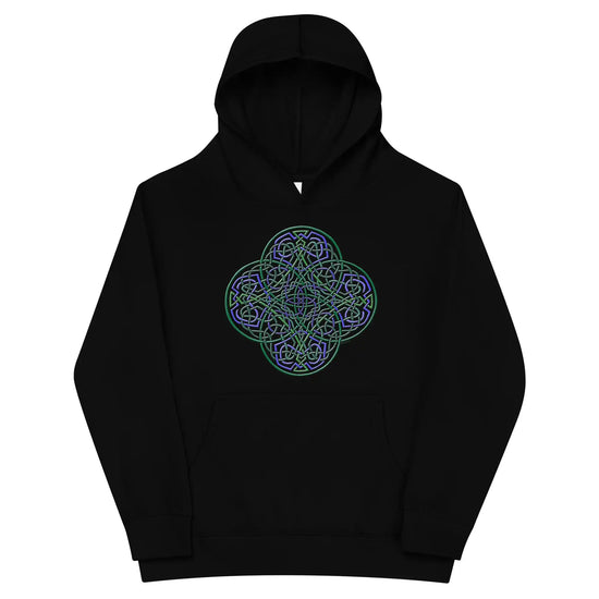 A kids black graphic hoodie featuring the Living Colour iteration of the Reach Of The Spirit Celtic knot design.