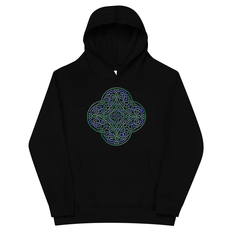 A kids black graphic hoodie featuring the Living Colour iteration of the Reach Of The Spirit Celtic knot design.
