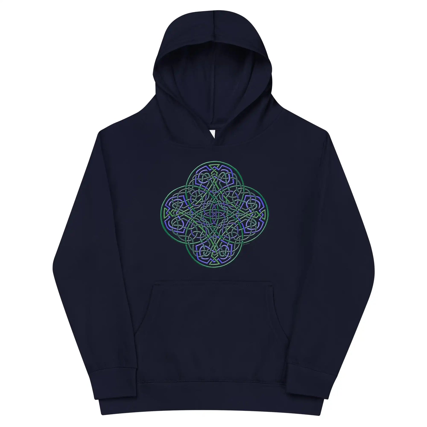 A kids navy blazer graphic hoodie featuring the Living Colour iteration of the Reach Of The Spirit Celtic knot design.