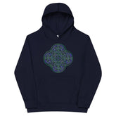 A kids navy blazer graphic hoodie featuring the Living Colour iteration of the Reach Of The Spirit Celtic knot design.