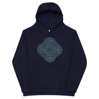 A kids navy blazer graphic hoodie featuring the Living Colour iteration of the Reach Of The Spirit Celtic knot design.
