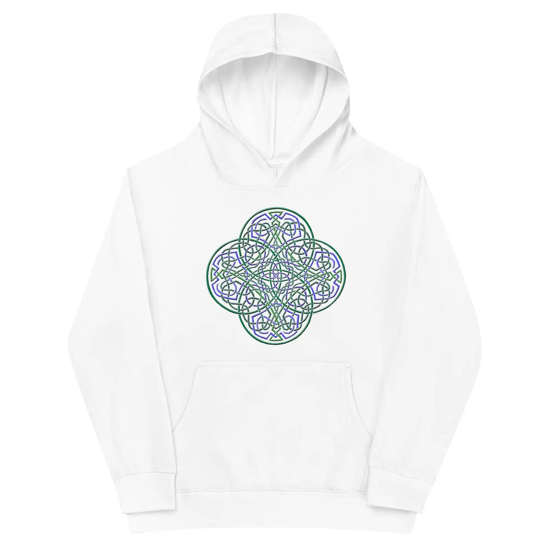 A kids white graphic hoodie featuring the Living Colour iteration of the Reach Of The Spirit Celtic knot design.