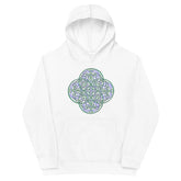 A kids white graphic hoodie featuring the Living Colour iteration of the Reach Of The Spirit Celtic knot design.