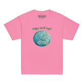 A kids azalea pink graphic t-shirt featuring the Sacred Planet iteration of the `Reach Of The Spirit` Celtic knot design under a message reading "Happy Earth Day".