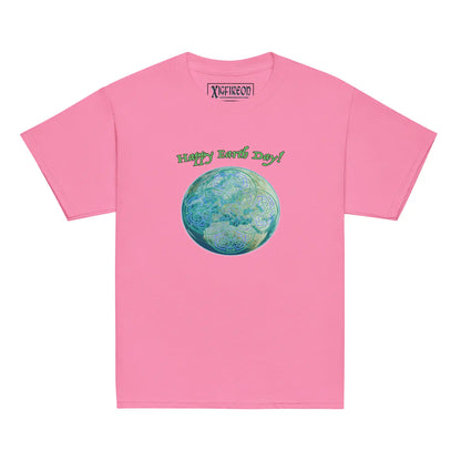 A kids azalea pink graphic t-shirt featuring the Sacred Planet iteration of the Reach Of The Spirit Celtic knot design under a message reading "Happy Earth Day".